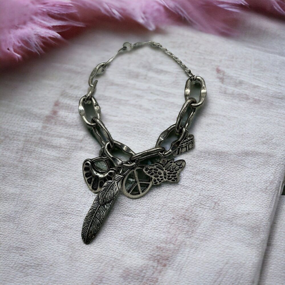 Boho Charm Bracelet Heart, Feather, Peace Symbol, Butterfly & Handbag